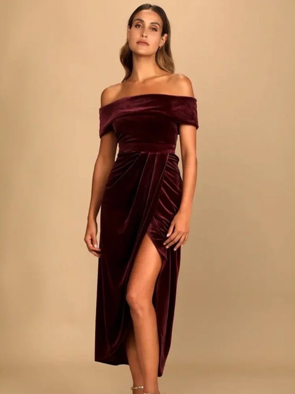 Lulu's I'm Enchanted Burgundy Velvet Off-the-Shoulder Maxi Dress, XL